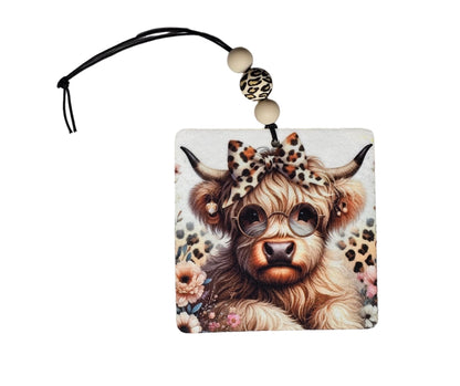 Highland Cow With Leopard Bow Air Freshener - Cute Small Spaces Hanging Diffuser - Gift For Cow Lovers