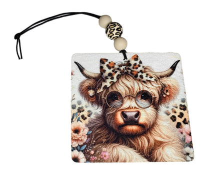 Highland Cow With Leopard Bow Air Freshener - Cute Small Spaces Hanging Diffuser - Gift For Cow Lovers