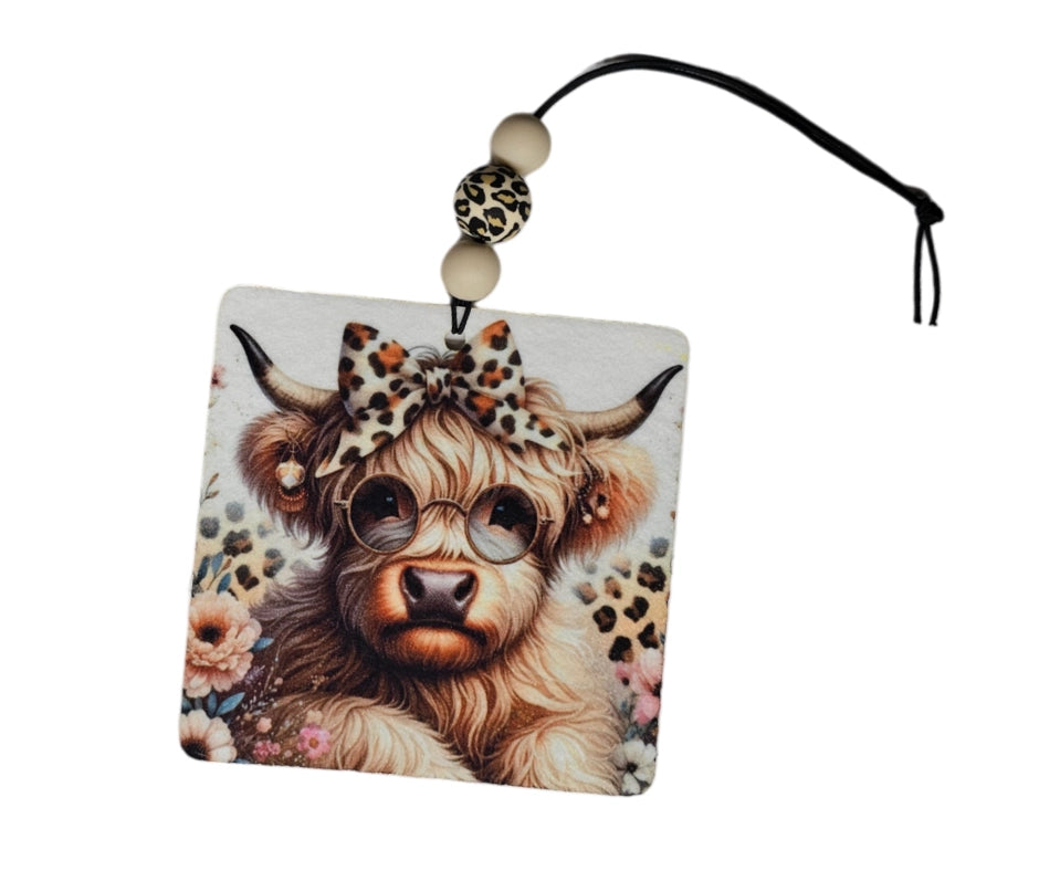 Highland Cow With Leopard Bow Air Freshener - Cute Small Spaces Hanging Diffuser - Gift For Cow Lovers