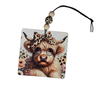 Highland Cow With Leopard Bow Air Freshener - Cute Small Spaces Hanging Diffuser - Gift For Cow Lovers