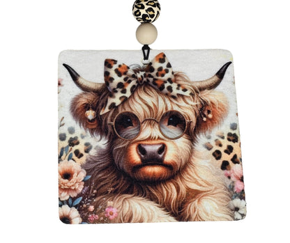 Highland Cow With Leopard Bow Air Freshener - Cute Small Spaces Hanging Diffuser - Gift For Cow Lovers