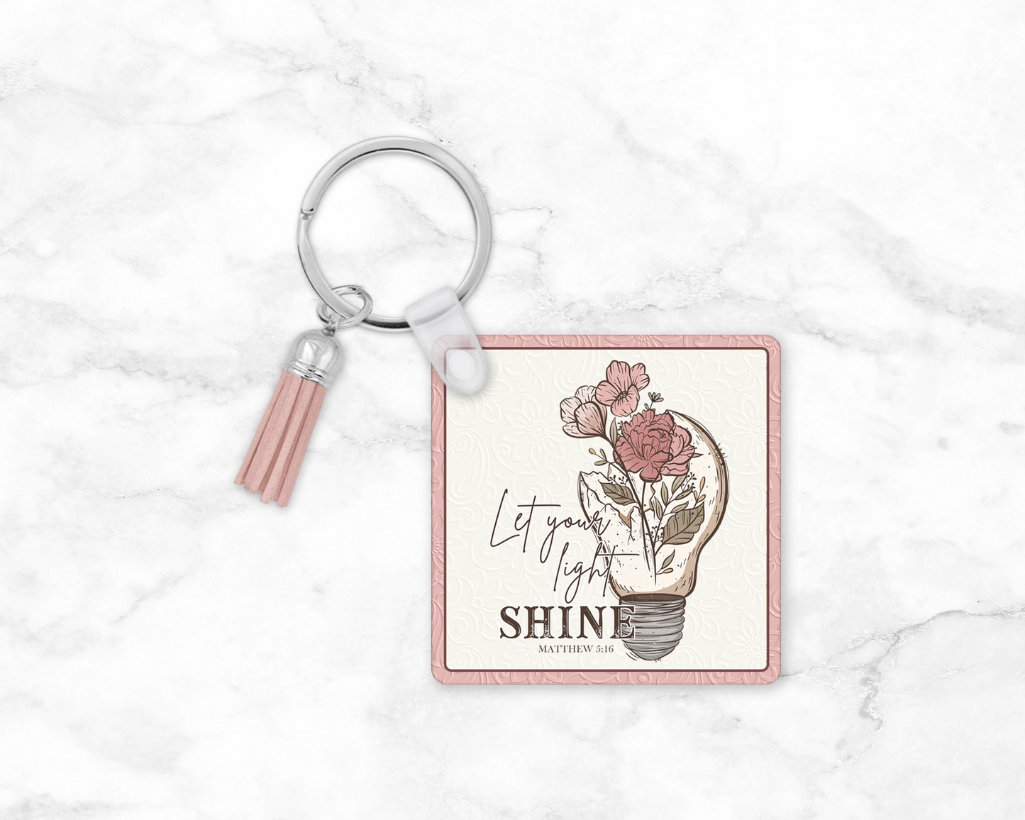 Let Your Light Shine Keychain - Inspirational Pink Floral Wristlet - Motivational Key Ring Lanyard