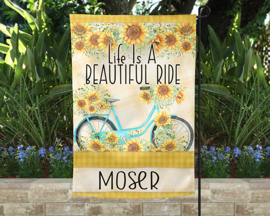 Life Is A Beautiful Ride Sunflower Garden Flag - Outdoor Sping Yard Decor - Housewarming Gift