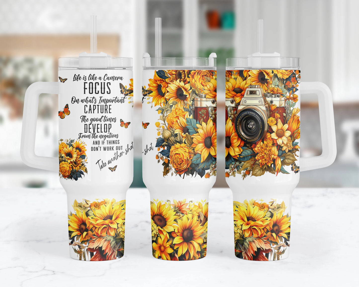 Life Is Like A Camera Tumbler - Inspirational Sunflower 40oz Tumbler With Handle - Gift For Photographer