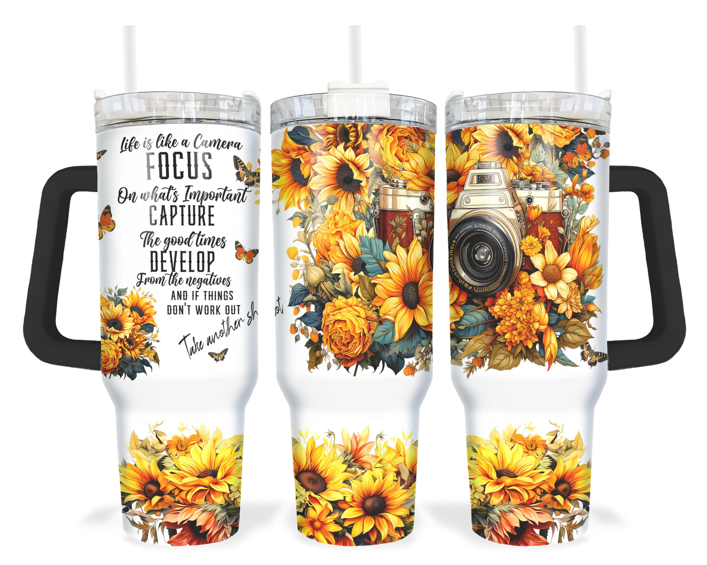 Life Is Like A Camera Tumbler - Inspirational Sunflower 40oz Tumbler With Handle - Gift For Photographer