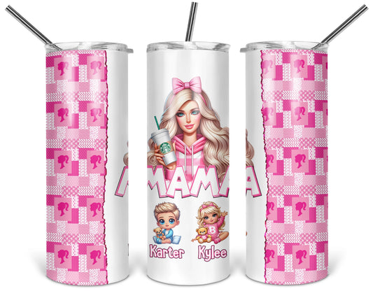 Three views of the 20 oz tumbler featuring Mama's Dreamhouse Crew pink patchwork Mama and personalized child artwork on a white background