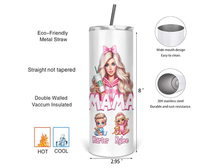 Dollhouse Mama Tumbler- 20oz Personalized Caricature Mom Tumbler With Straw - Gift For Mom