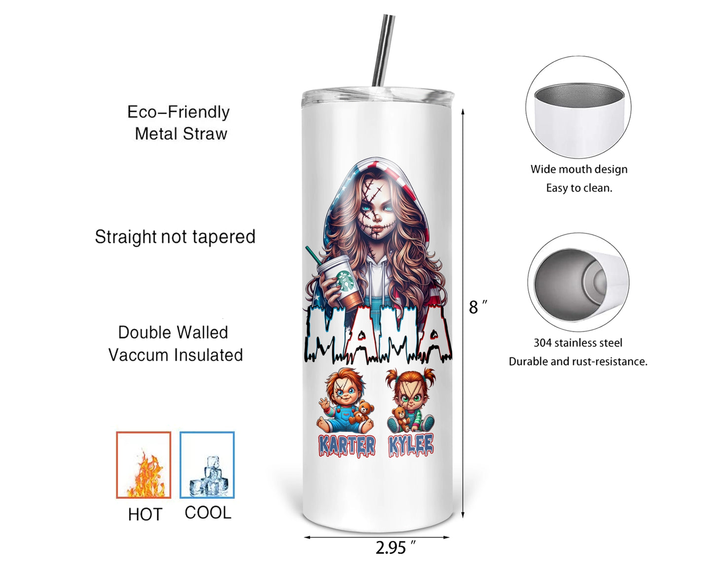 Mama Chucky Tumbler - Personalized 20oz Scary Movie Tumbler With Straw - Gift For Mom