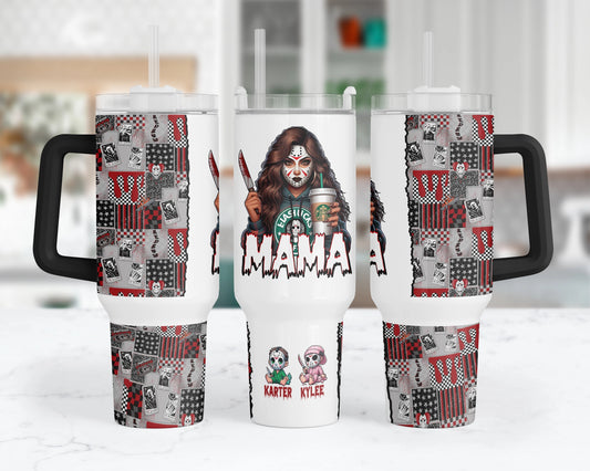 Mama’s Little Slashers personalized 40 oz tumbler with masked mama, red and black patchwork and sample children’s names, black handle in kitchen