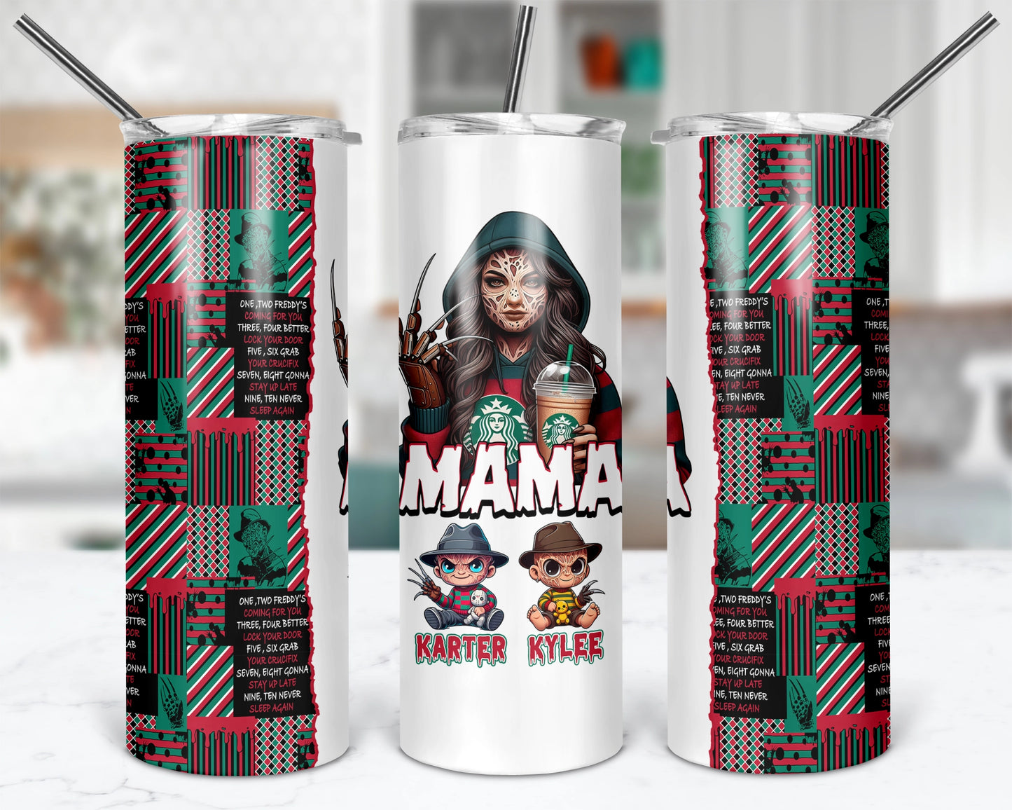 Mama's Night Terrors Tumbler - Personalized 20oz Horror Characters Tumbler With Straw - Gift For Mom