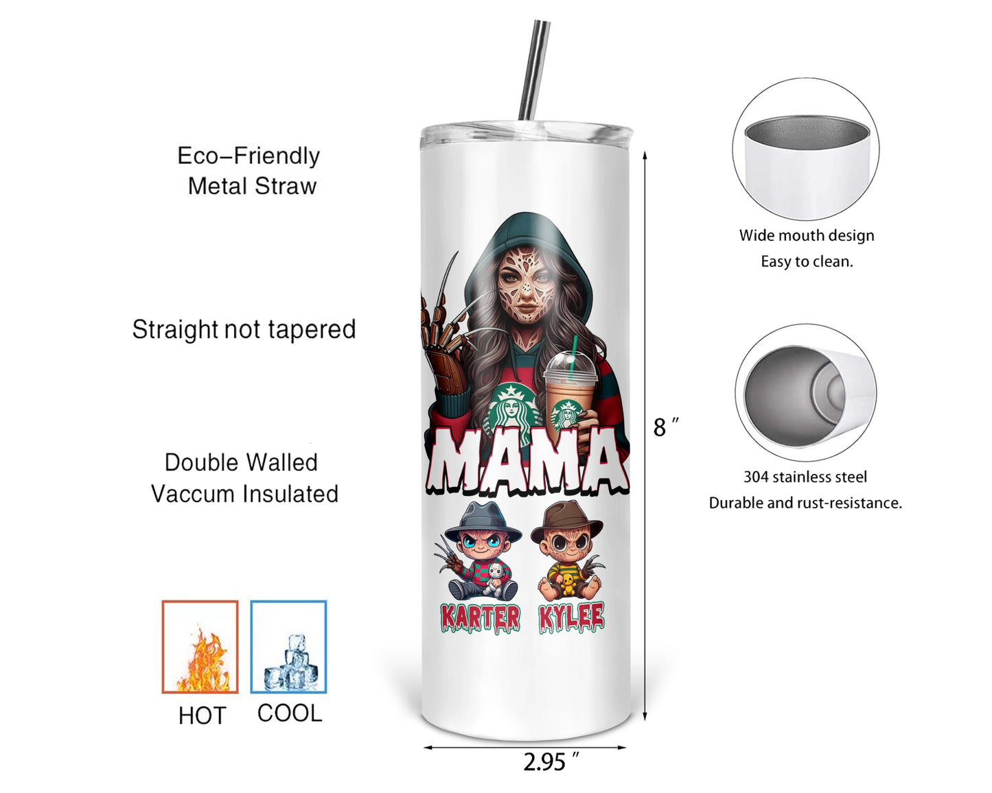 Mama's Night Terrors Tumbler - Personalized 20oz Horror Characters Tumbler With Straw - Gift For Mom