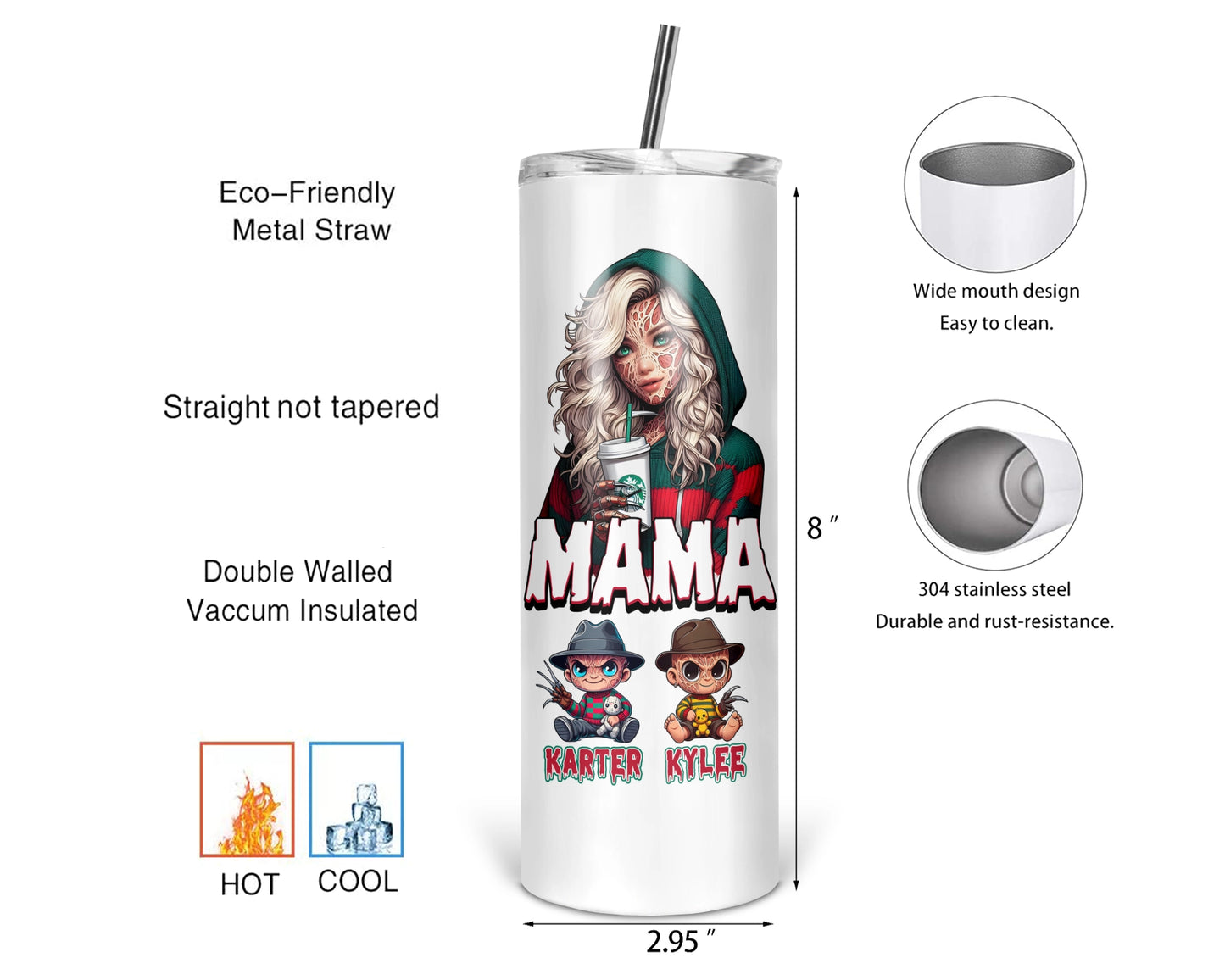 Mama Krueger Tumbler - Personalized 20oz Horror Characters Tumbler With Straw - Gift For Mom