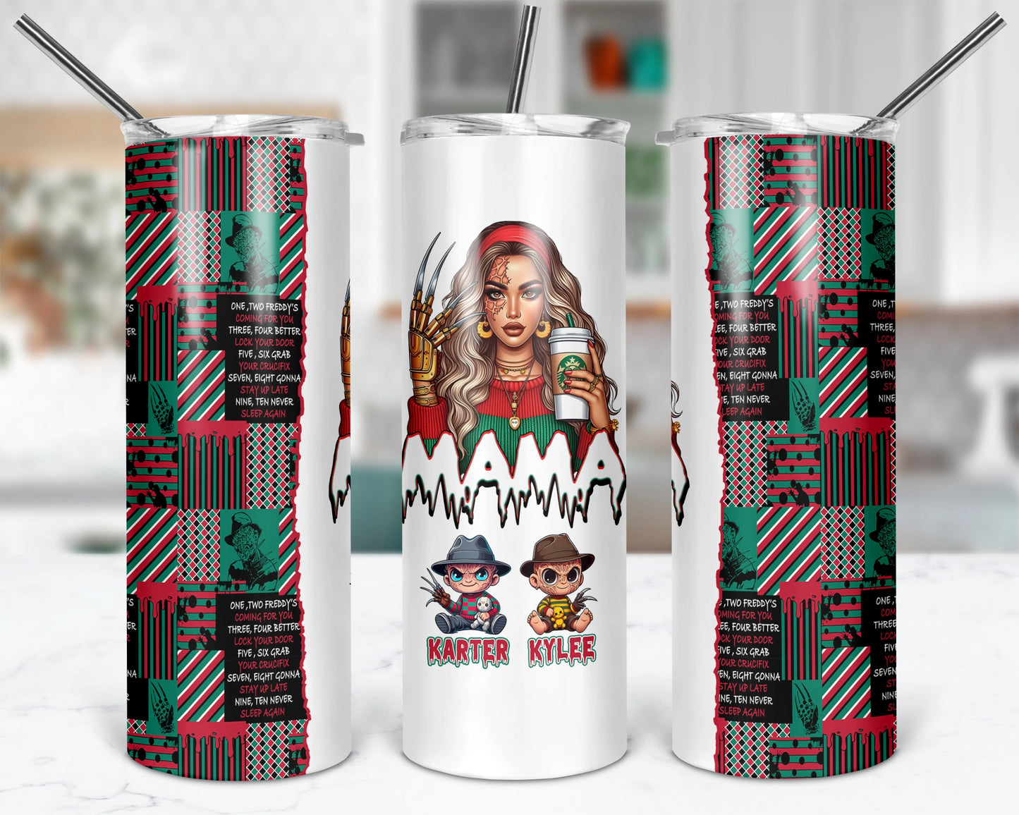 Mama Freddy Tumbler - Personalized 20oz Horror Characters Tumbler With Straw - Gift For Mom