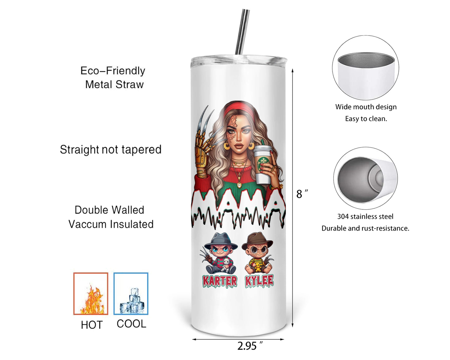 Mama Freddy Tumbler - Personalized 20oz Horror Characters Tumbler With Straw - Gift For Mom