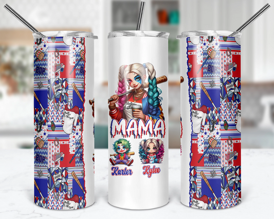 Personalized Harley Quinn-themed tumbler featuring 'Mama' and customizable character designs with her kids' names