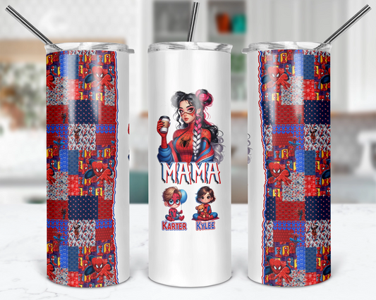 Personalized Spider-Mama themed tumbler featuring 'Mama' and customizable character designs with her kids' names