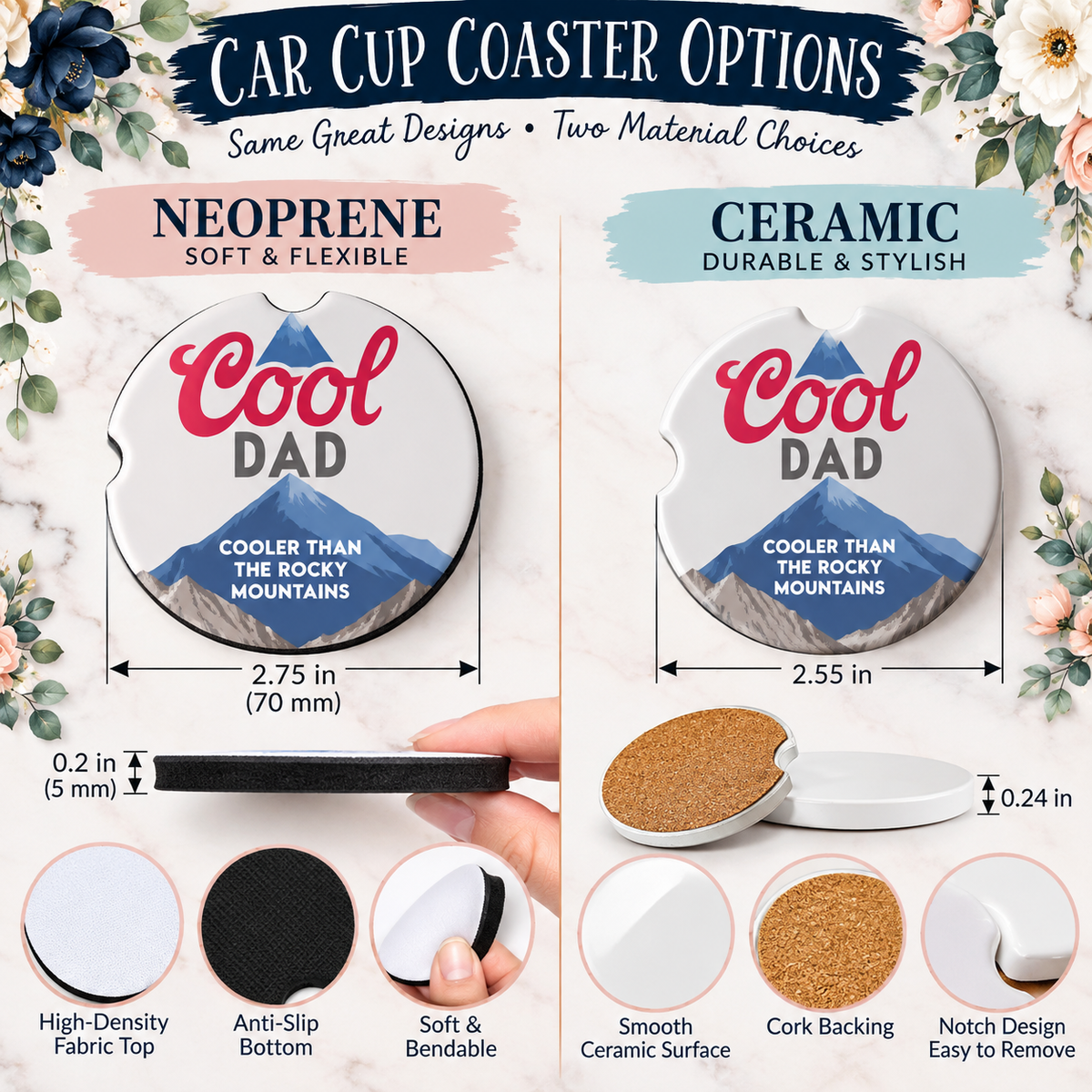 Cool Dad car coaster comparison showing neoprene and ceramic sizes and backing materials.