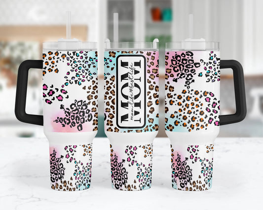 Mom Life Is The Best Life Tumbler - 40oz Leopard Print Tumbler With Handle - Gift For Mom