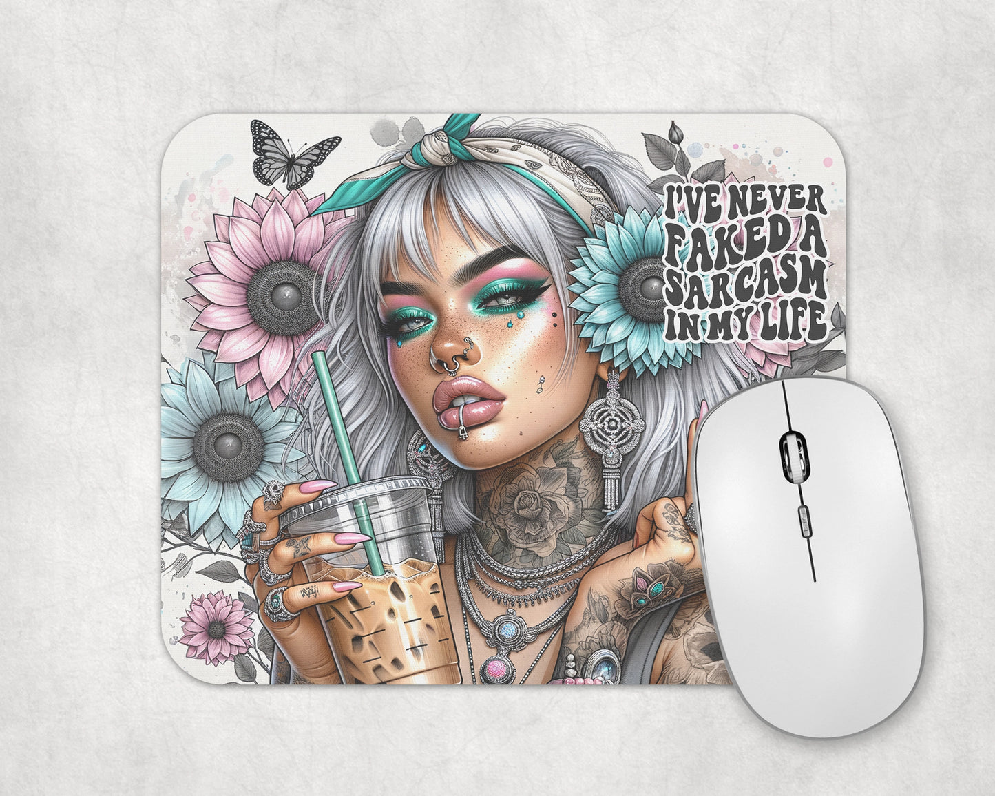 Never Faked Sarcasm Mouse Pad / Boho Chic Sunflower Desk Mat / Funny Mousepad For Her