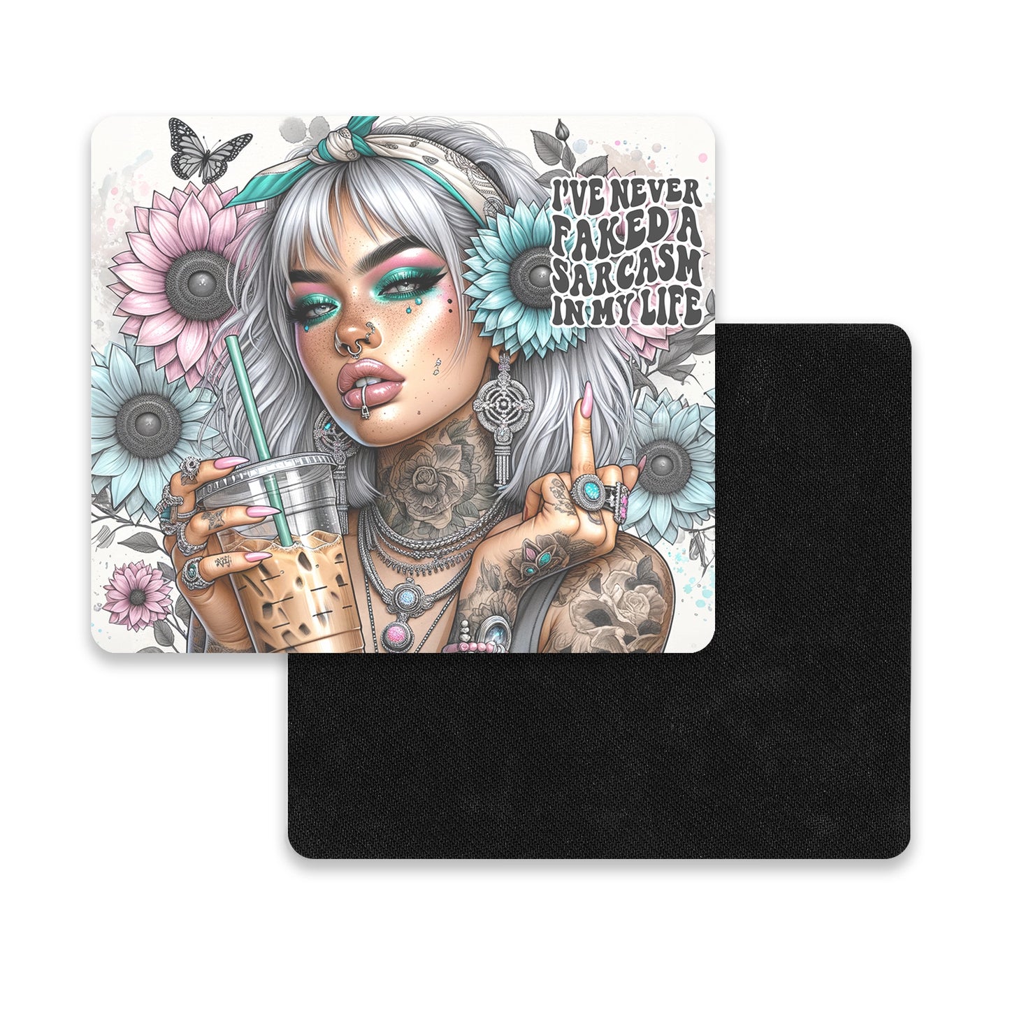 Never Faked Sarcasm Mouse Pad / Boho Chic Sunflower Desk Mat / Funny Mousepad For Her