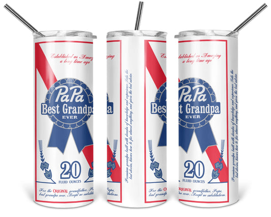 Three views of the 20 oz tumbler featuring Papa Best Grandpa Ever blue ribbon and red-and-white label artwork on a white background