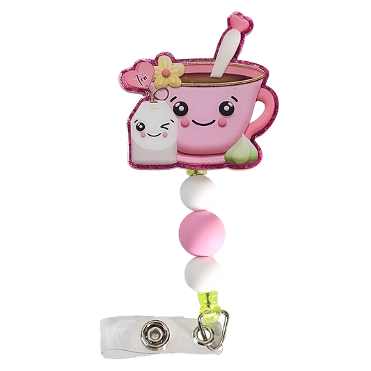 Tea-riffic Duo Badge Reel / Cute Tea Cup Cartoon Beaded ID Holder / Gift For Tea Lovers / Nurse Badge Reel