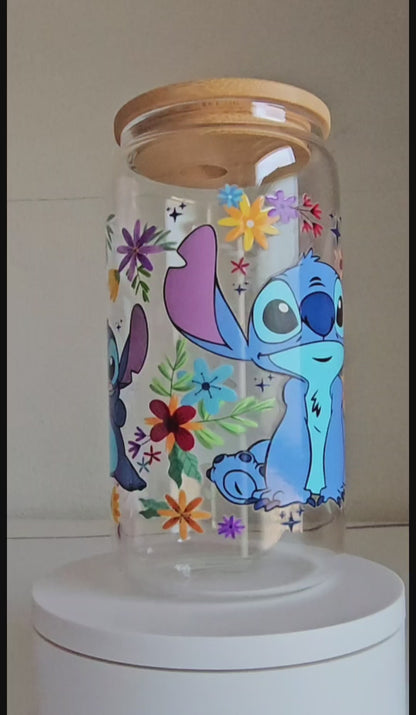 Cosmic Blooms Tumbler - 16oz Blue Alien Glass Tumbler With Straw - Cute Libbey Glass Tumbler Cup