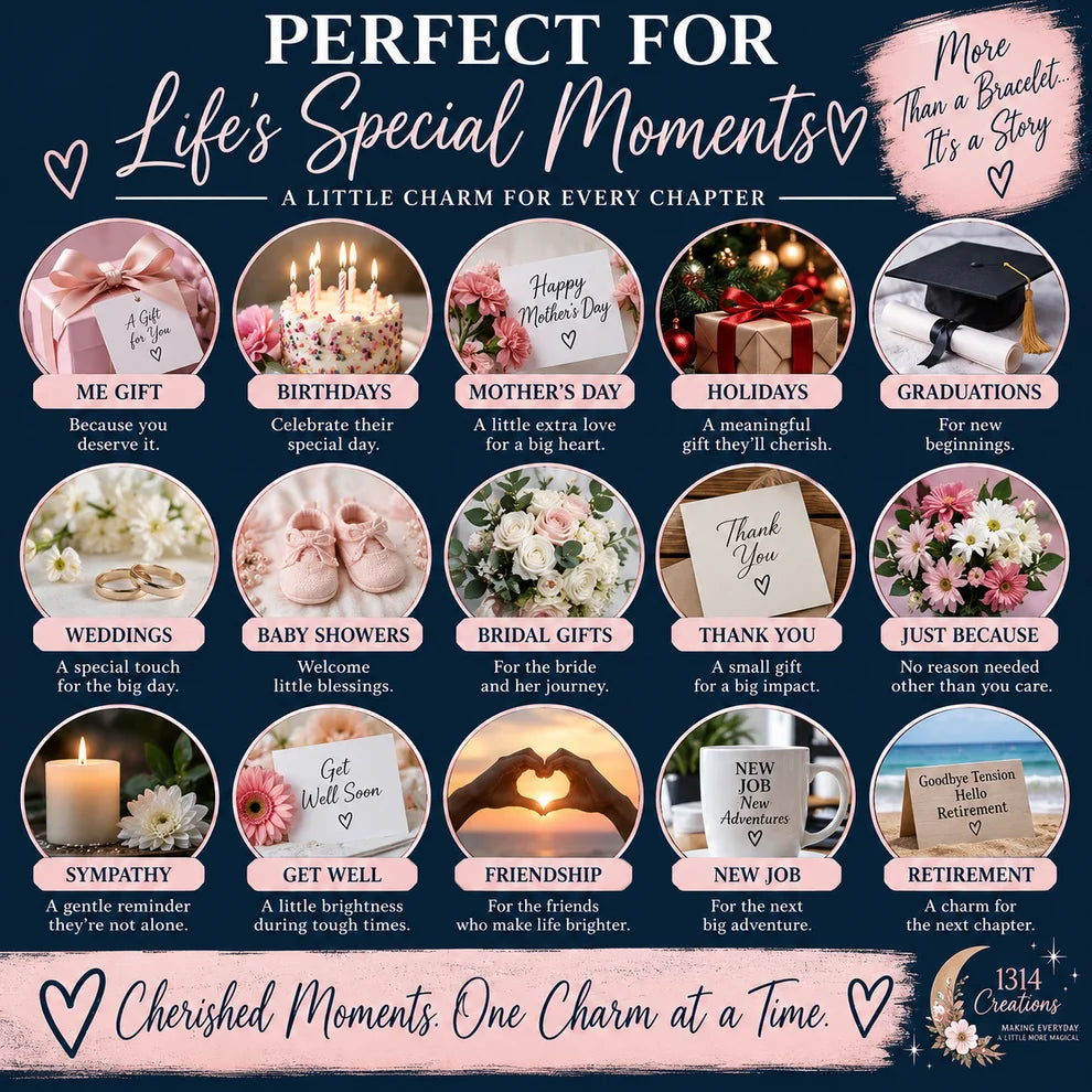 Bracelet gift occasion guide featuring birthdays, Mother’s Day, holidays, weddings, graduation, baby showers, friendship, sympathy, and retirement.