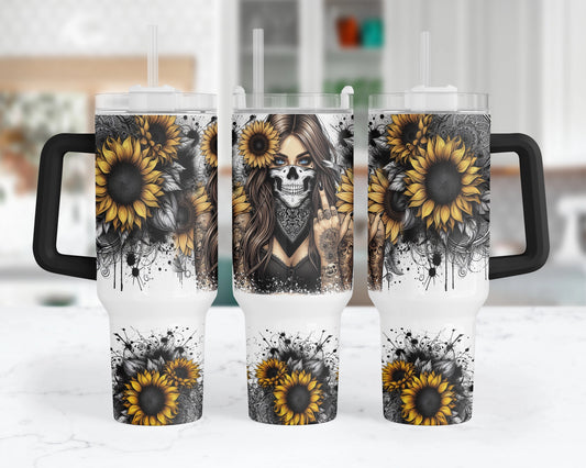 Rebel Roar Tumbler - Sunflower 40oz Tumbler With Handle - Skeleton Travel Cup