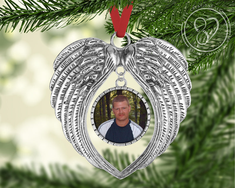 Angel Wing Photo Ornament / Memorial Car Charm / Sympathy Gift /  Rear View Mirror Hanging Charm / In Loving Memory