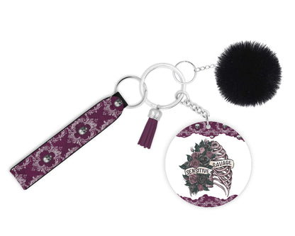 Sensitive Savage Keychain - Gothic Floral Skull Wristlet - Goth Skeletal Key Ring Lanyard Gift