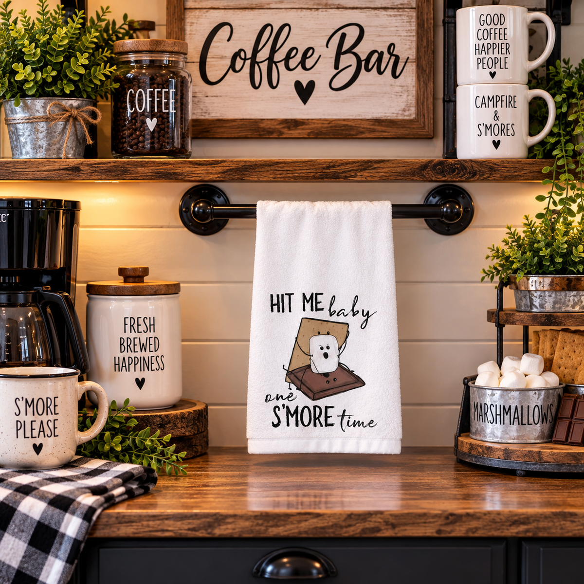 Hit Me Baby One S'more Time towel displayed at a coffee bar