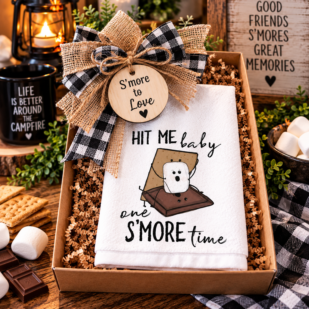 Funny s'mores hand towel arranged in a camping-themed gift basket