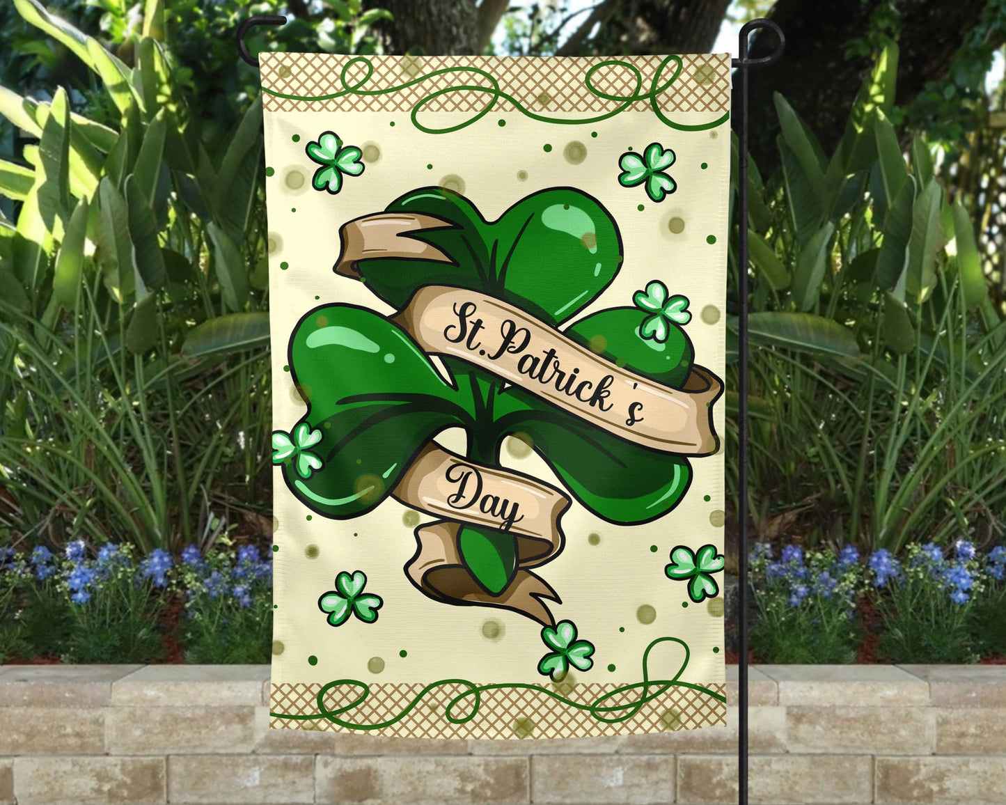 St Patricks Day Clover Garden Flag - Shamrock Outdoor Yard Decor - St. Patty's Day Decorations