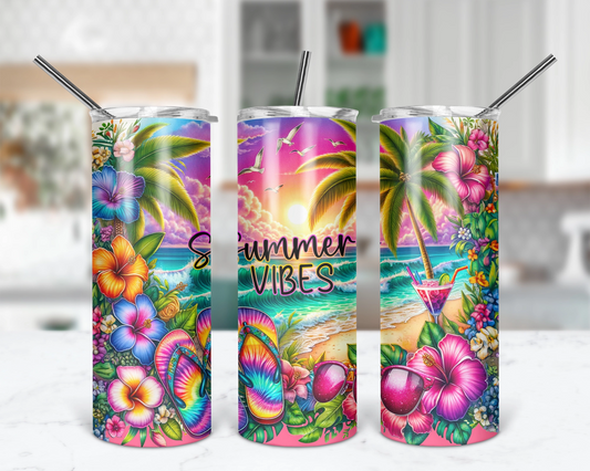 Summer Vibes Tumbler / Beach Tumbler With Straw / Vacation Tumbler / Summertime Tumbler With Lid