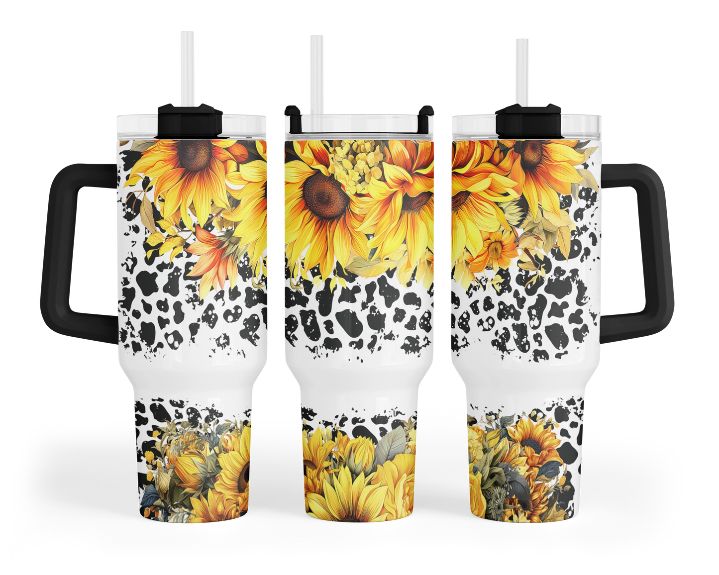 Sunflowers Tumbler - 40oz Western Tumbler With Handle - Cow Print Travel Tumbler With Straw