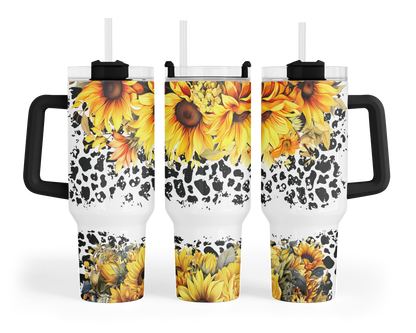 Sunflowers Tumbler - 40oz Western Tumbler With Handle - Cow Print Travel Tumbler With Straw