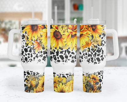 Sunflowers Tumbler - 40oz Western Tumbler With Handle - Cow Print Travel Tumbler With Straw