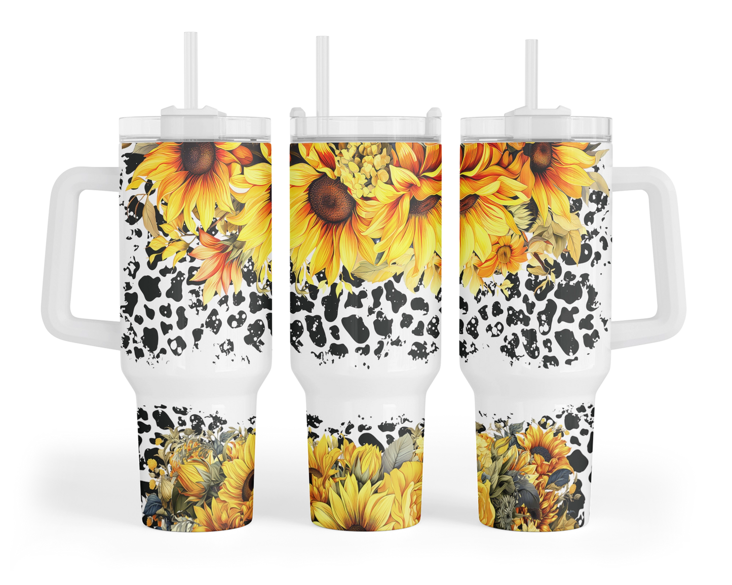 Sunflowers Tumbler - 40oz Western Tumbler With Handle - Cow Print Travel Tumbler With Straw