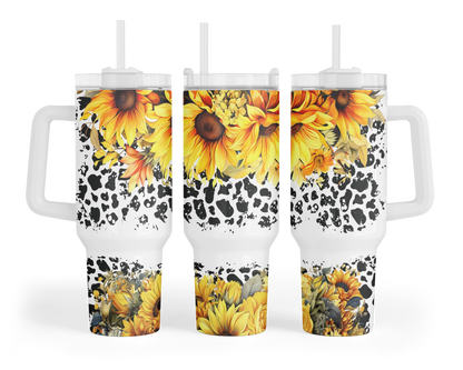 Sunflowers Tumbler - 40oz Western Tumbler With Handle - Cow Print Travel Tumbler With Straw