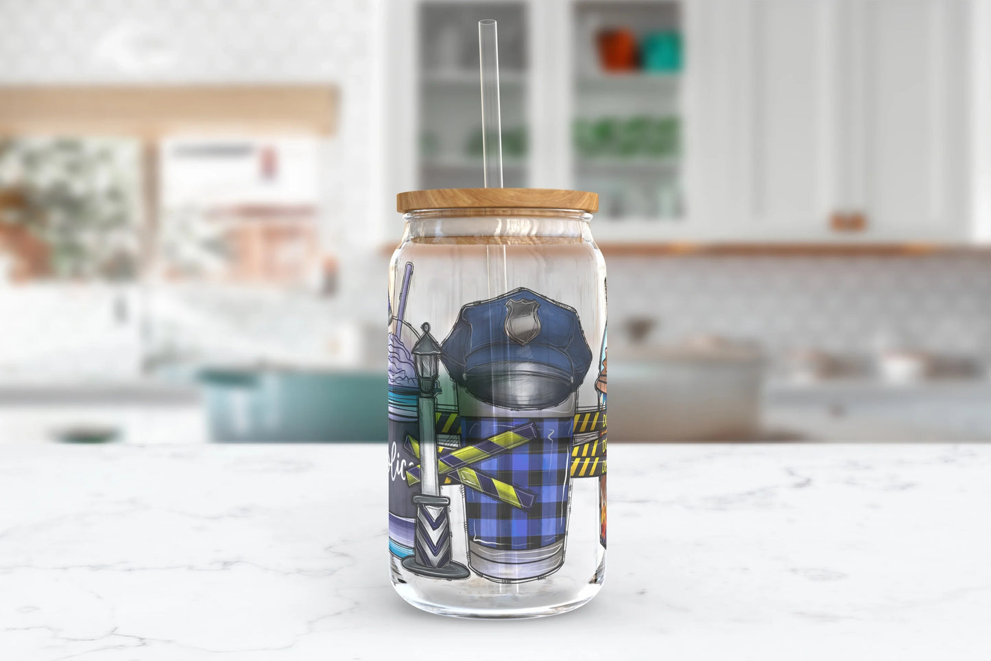 Thin Blue Latte Tumbler - 16oz Law Enforcement Glass Tumbler With Straw - Gift For Police Officer