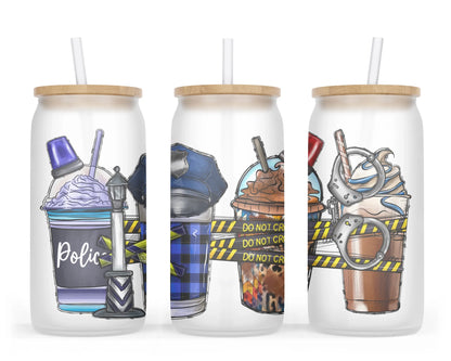 Thin Blue Latte Tumbler - 16oz Law Enforcement Glass Tumbler With Straw - Gift For Police Officer