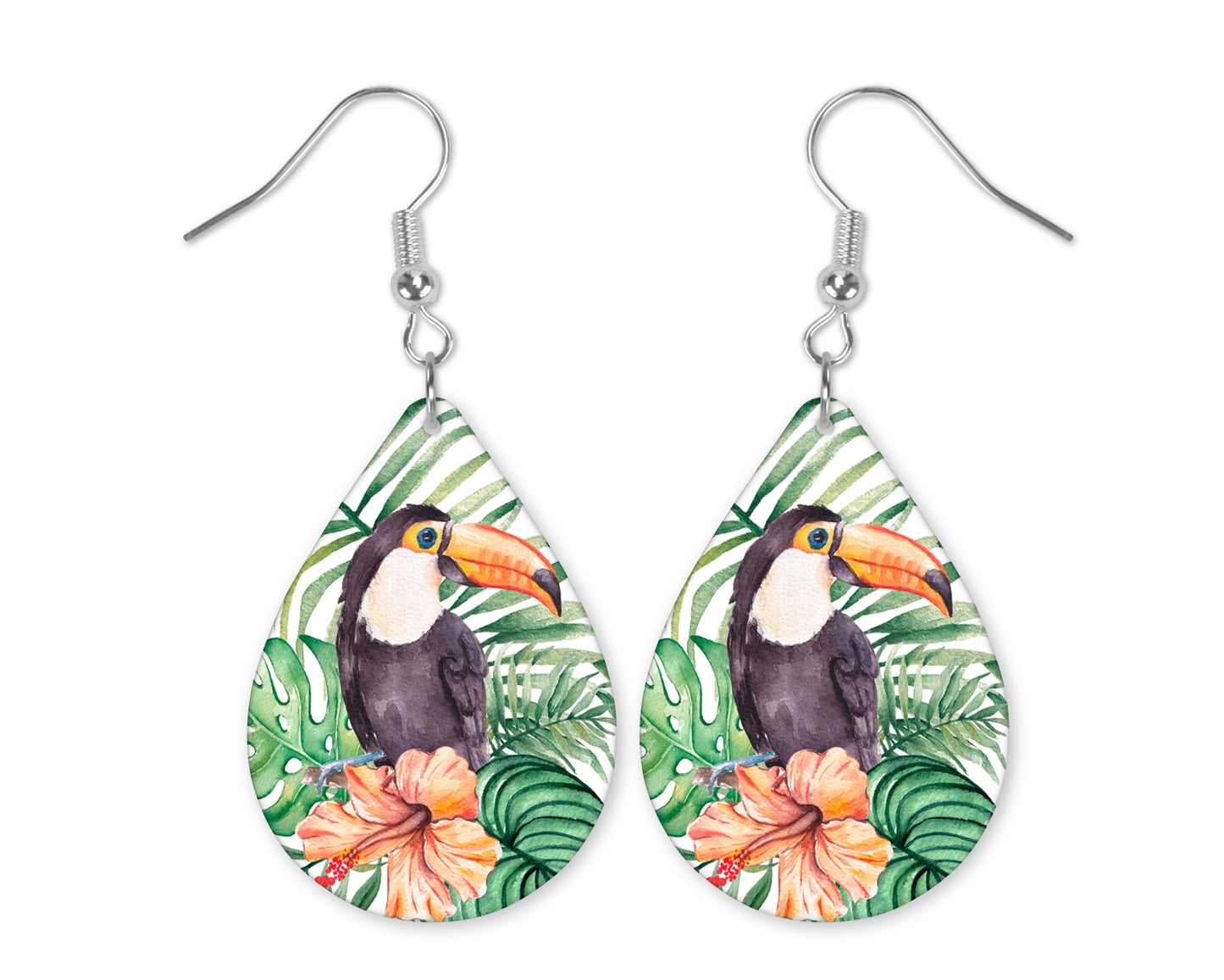 Tropical Watercolor Tucan Teardrop Earrings