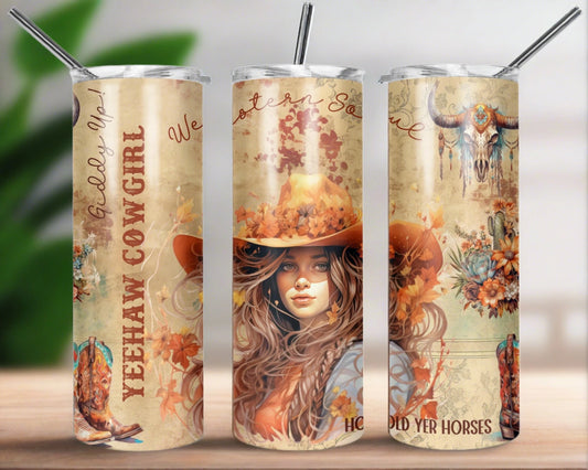 Western cowgirl themed tumbler featuring cowboy hats, boots, and western motifs