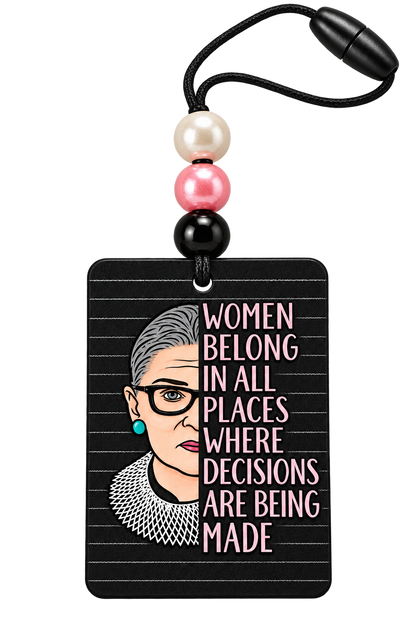 Women Belong in All Places beaded hanging air freshener, angled view of the portrait side with cream, pink and black beads and hanging cord.