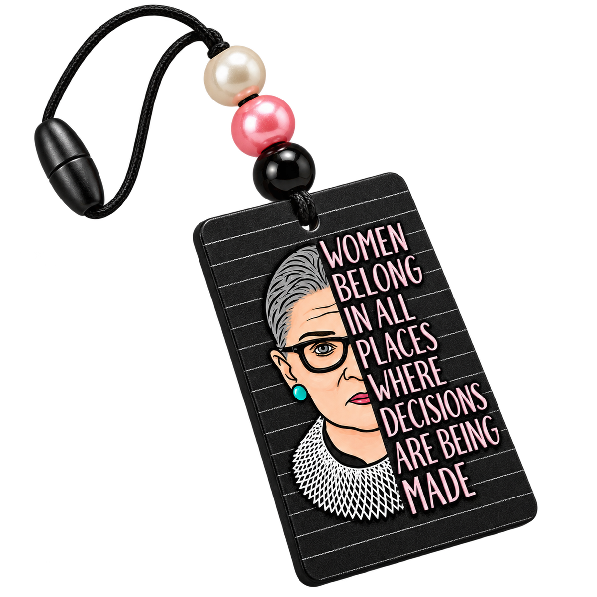 Women Belong in All Places beaded hanging air freshener, reverse side with pink Don’t Tread on Me artwork against a dark background.
