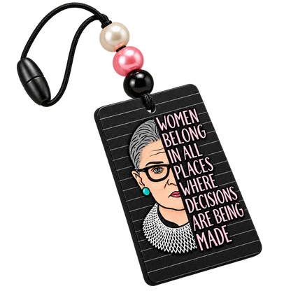 Women Belong in All Places beaded hanging air freshener, reverse side with pink Don’t Tread on Me artwork against a dark background.