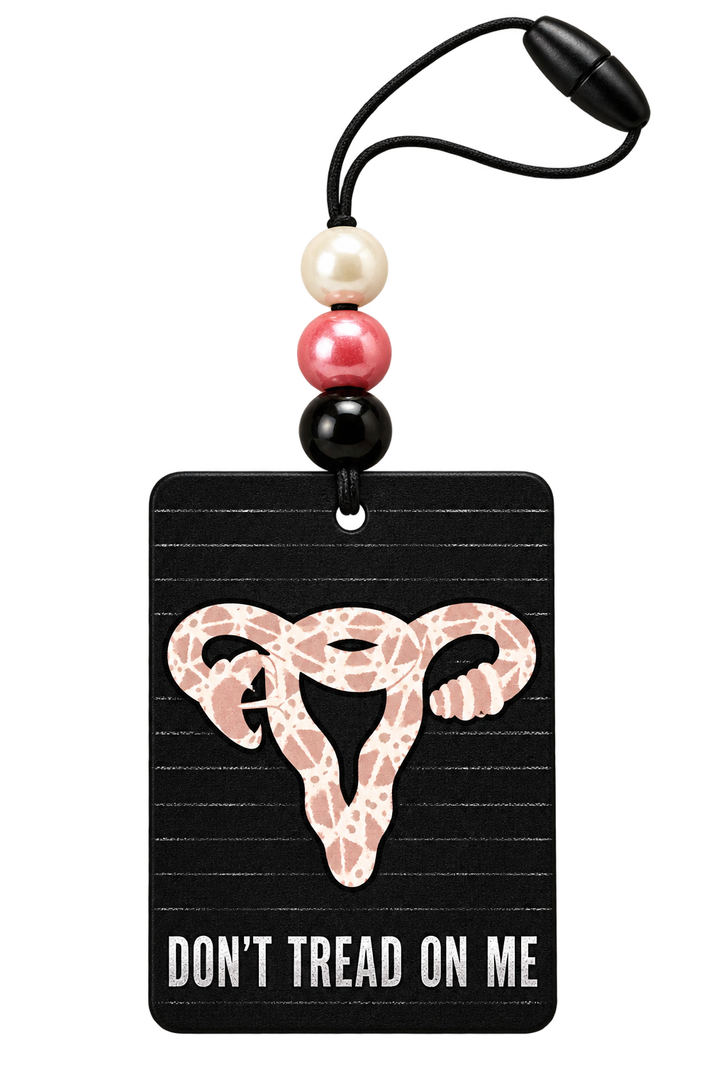 Women Belong in All Places beaded hanging air freshener, close-up of reverse side with Don’t Tread on Me artwork.