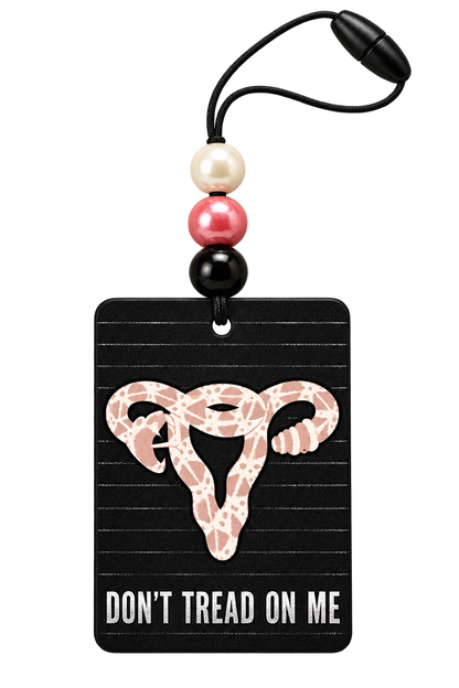 Women Belong in All Places beaded hanging air freshener, close-up of reverse side with Don’t Tread on Me artwork.