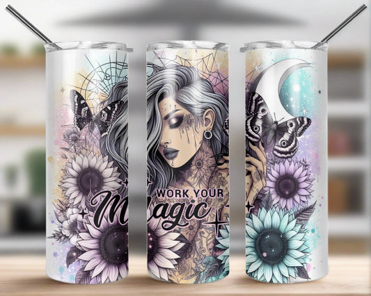 Unleash your magic with our 20oz tumbler! Featuring a fierce tattooed girl, sunflowers, butterflies, and astrology signs. Make Your Own Magic!